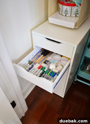 Second drawer organized with brushes, paint pens, and Sharpies