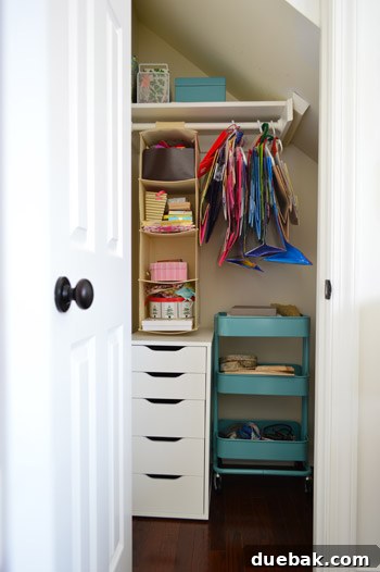 After shot of an organized craft closet in a guest room