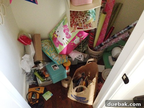 Close-up of the messy craft closet interior