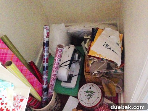 Messy craft supplies in the closet alcove