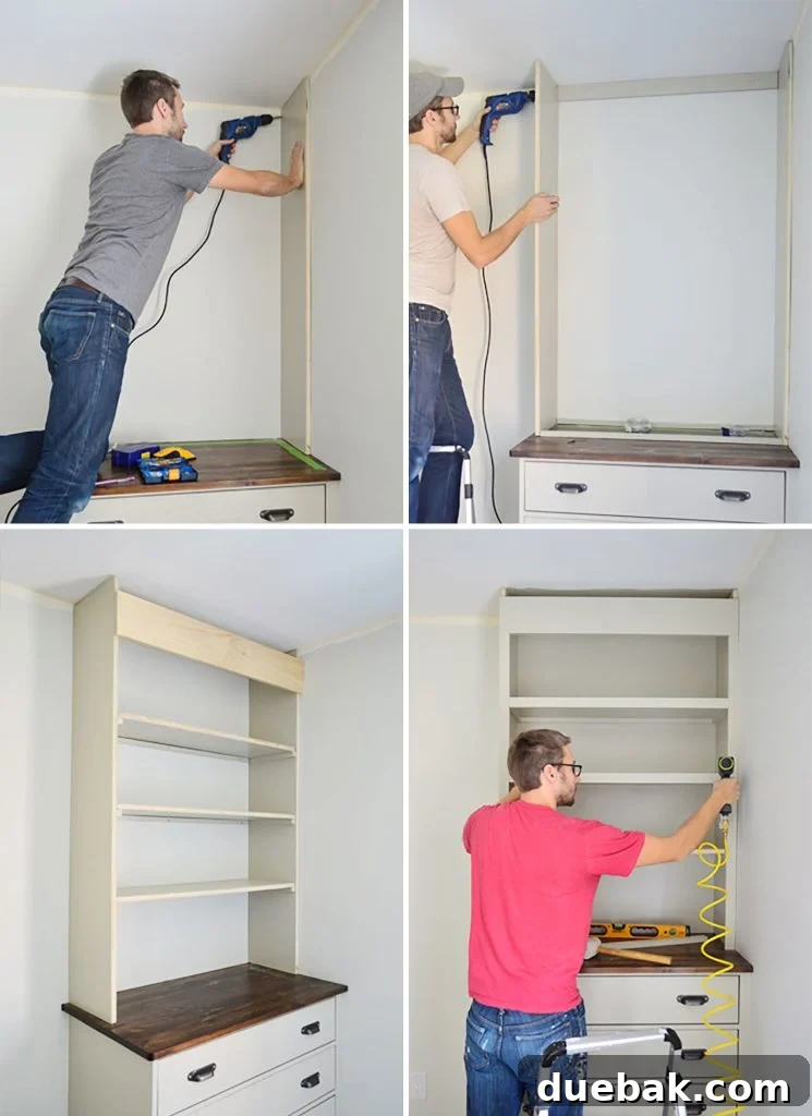 Craft Your Own Library Haven 3 A visual guide showing four key steps to DIY built-in bookshelves: planning, cutting, priming, and framing, highlighting the simplicity of the process.