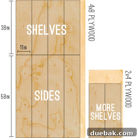 Craft Your Own Library Haven 5 Detailed drawing illustrating how to efficiently cut plywood sheets to maximize yield for custom bookshelf components.