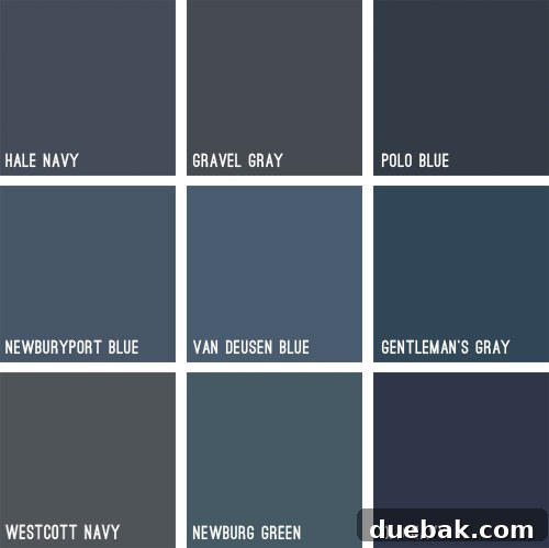 Nine navy paint swatches laid out for comparison