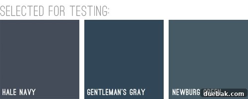 Three finalist navy paint swatches for the showhouse
