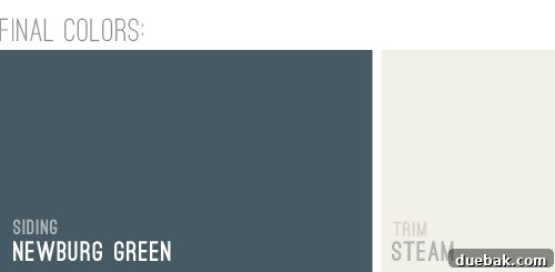 Newburg Green paint swatch next to Steam trim swatch