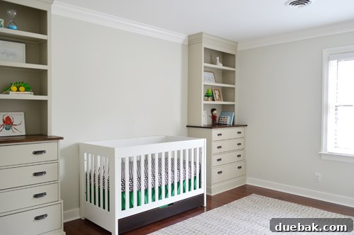 Before and after chunky crown molding installation in the nursery