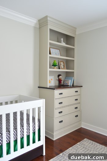 Nursery progress with new crown molding and corner built-ins