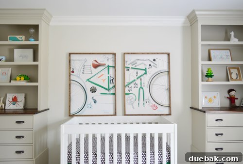 Crib wall with temporary bike prints, considering future decor options