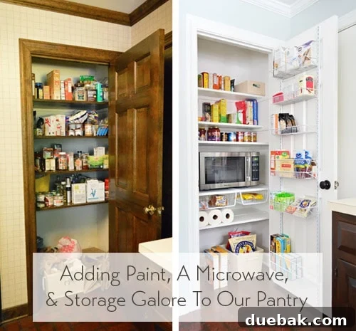 Pantry organization before and after with added storage and microwave