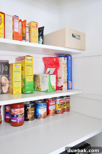 Pantry shelf with empty space in front of cans for flexibility