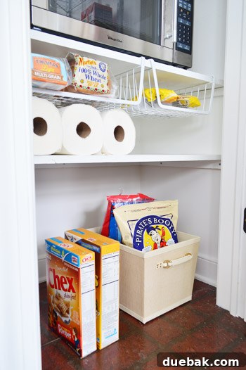Pantry floor with bulk storage basket and cereal boxes
