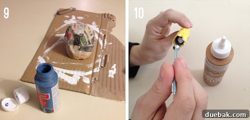 A long screw being glued into the wooden dowel for the narwhal tusk