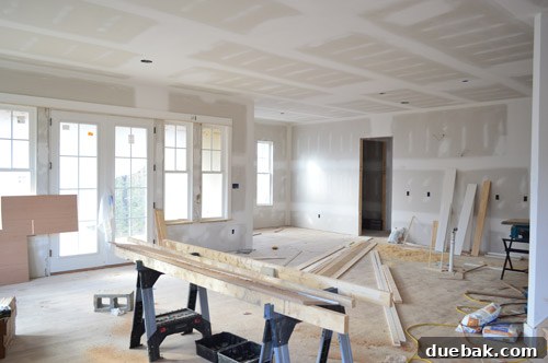 Interior view of a room in the showhouse with drywall complete
