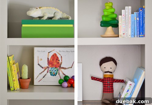 Target storage box and stacking tree game as color palette inspiration for nursery curtains.