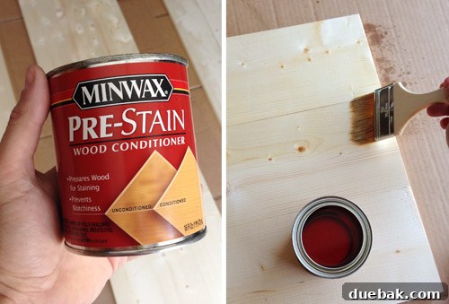 Applying wood conditioner to the wooden panels.