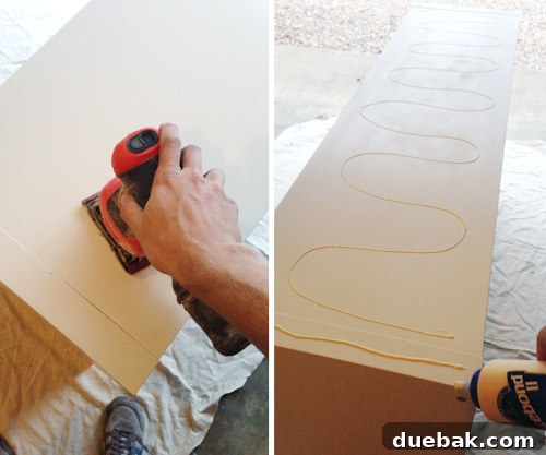 Applying wood glue to the Expedit surface before attaching panels.