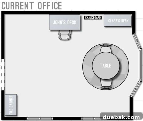 Initial floor plan showing the existing, somewhat unorganized home office layout.