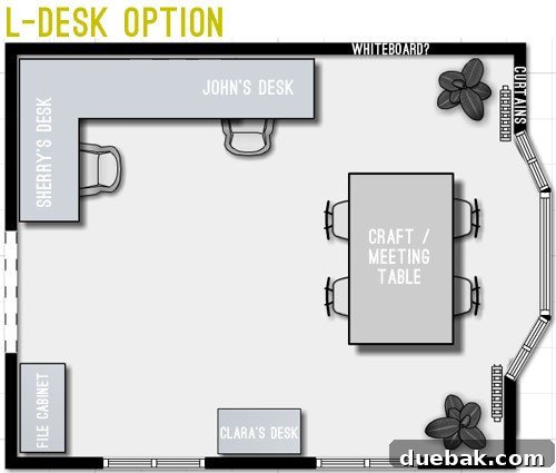 Floor plan iteration: an expanded layout with a larger table and L-shaped desk in the corner.