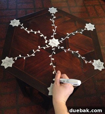 Completed faux inlay design on the table top before final coats