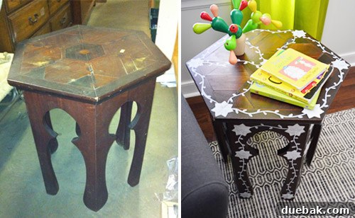 Before shot of the thrift store table, showing its original worn condition
