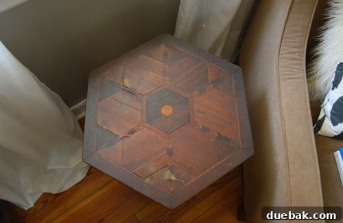Moroccan table with items placed to hide imperfections