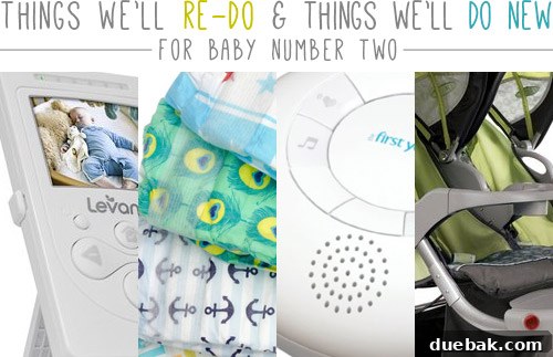 Baby gear for second child - a collage of baby items like a monitor, crib, and carrier