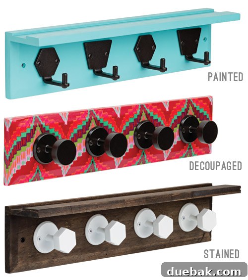 DIY customizable wooden hook rails with picture ledge for home organization and personalization.