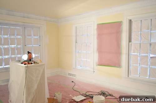 Work lights illuminating the primed room