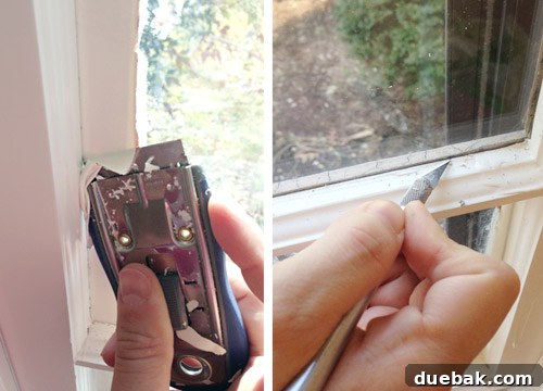 Scraping paint off window panes