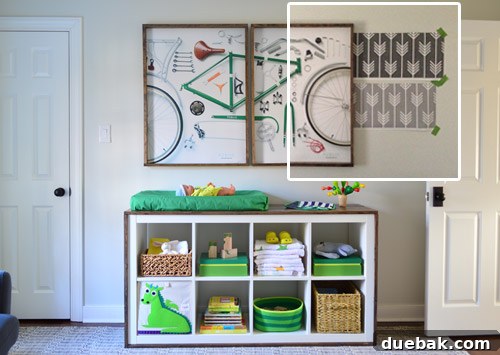 A Photoshop screenshot showing a wallpaper pattern being scaled and aligned over a nursery wall photo, demonstrating the mock-up process.