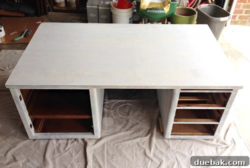 The desk after receiving its first coat of Kilz Premium primer, looking clean and uniform.