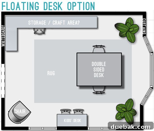 Revised floor plan for the home office, featuring a central floating desk.