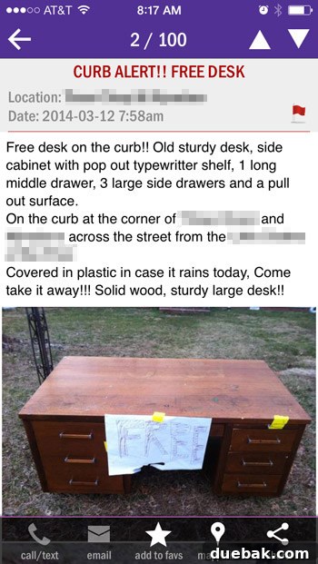 A large, solid wood desk with ample storage found on Craigslist as a free curb alert.