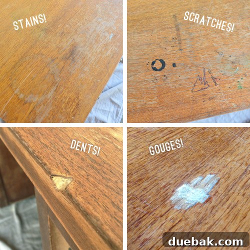 A close-up of the desk's worn surface, showing its need for a makeover.
