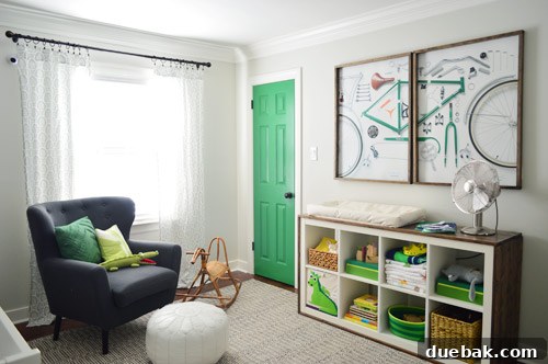 Listy VonListerstein: The Art of Intentional Listing 19 Nursery with crib, changing area, built-ins, and a colorful rug.