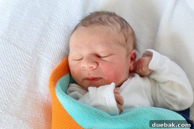 He Makes His Entrance 2 A serene close-up photograph of newborn baby Teddy sleeping peacefully, wrapped in a soft blanket. His tiny features are visible, evoking feelings of peace and new beginnings.