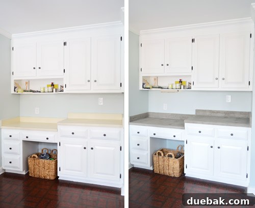 Before photo of old creamy-yellow laminate kitchen countertops