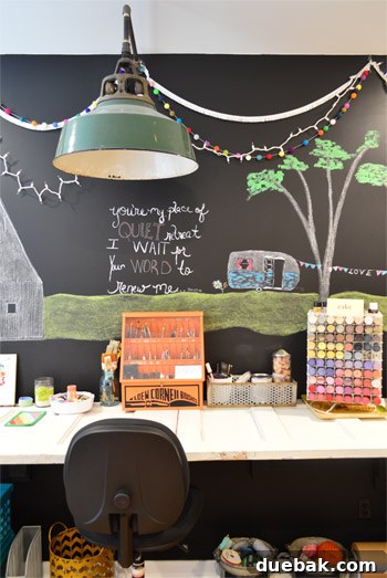 Chalkboard wall adorned with a vintage green barn light, illuminating a home workspace filled with creative potential.