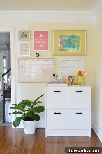 Build Your Own Magnetic Display Board 2 Completed home office command center featuring magnetic boards and decorative elements