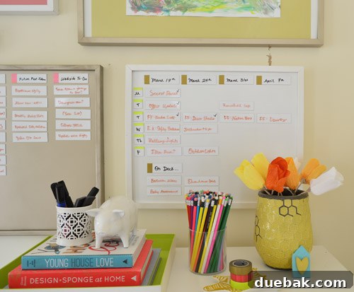 Build Your Own Magnetic Display Board 17 Close-up of the post planning board, featuring pearl paint, gold, and yellow washi tape for clear segmentation