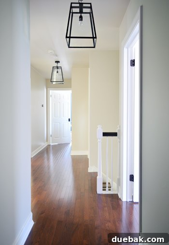 View of the hallway with new pendant lights, showing high contrast and cohesive design