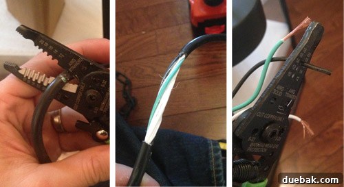 Close-up of exposed electrical wires after shortening and stripping