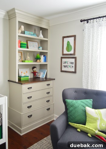 A Burst of Green Joy for the Nursery Closet 14 Artworks hanging above the built-in drawers in the nursery