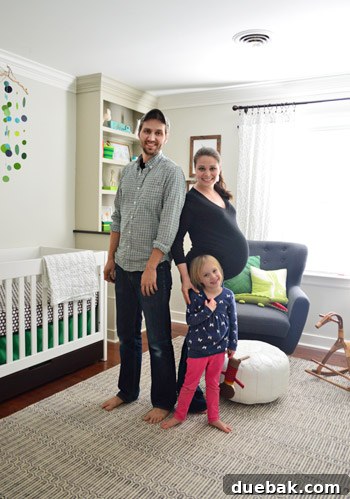 A Burst of Green Joy for the Nursery Closet 20 Current family photo in the nursery, showing advanced stage of pregnancy