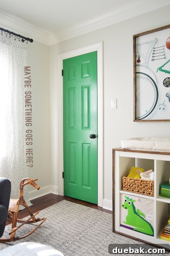 A Burst of Green Joy for the Nursery Closet 6 Painted green nursery closet door with the new light-colored curtains