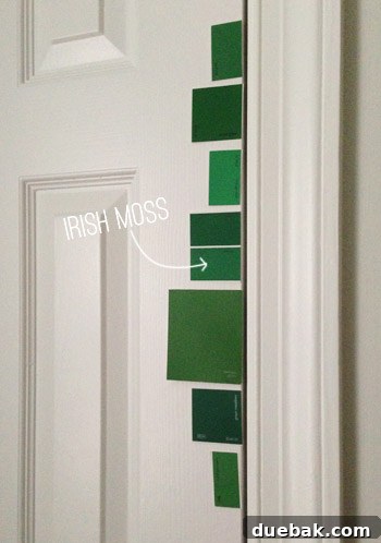 A Burst of Green Joy for the Nursery Closet 7 Paint swatches taped to the nursery closet door for color selection