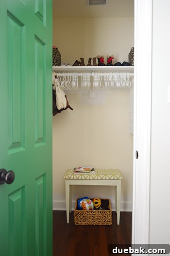 A Burst of Green Joy for the Nursery Closet 10 Organized nursery closet interior with shoes, baskets, and storage bins