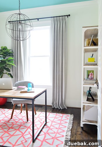 Open shelving with office supplies and decor