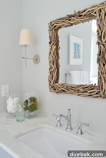Close-up of driftwood framed mirror