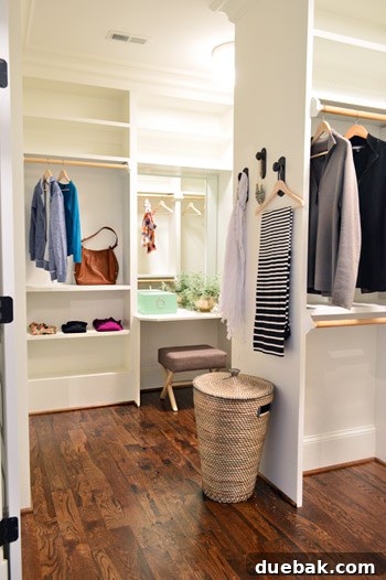 Organized walk-in closet with two sections
